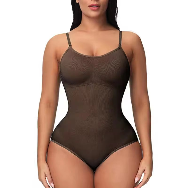 V-Neck Spaghetti Strap Compression Bodysuit with Open Crotch - Slimming Shapewear