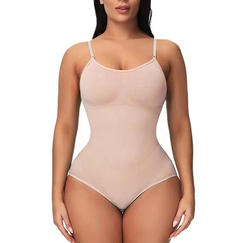 V-Neck Spaghetti Strap Compression Bodysuit with Open Crotch - Slimming Shapewear