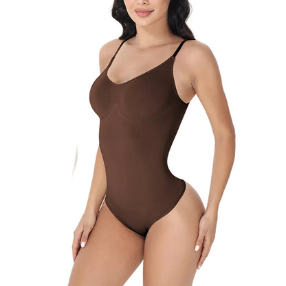 V-Neck Spaghetti Strap Compression Bodysuit with Open Crotch - Slimming Shapewear