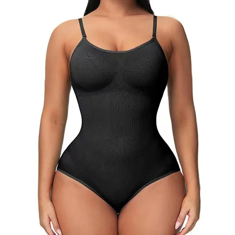 V-Neck Spaghetti Strap Compression Bodysuit with Open Crotch - Slimming Shapewear