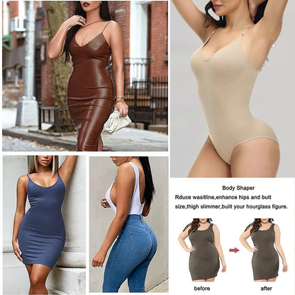 V-Neck Spaghetti Strap Compression Bodysuit with Open Crotch - Slimming Shapewear