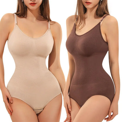 V-Neck Spaghetti Strap Compression Bodysuit with Open Crotch - Slimming Shapewear