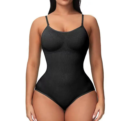 V-Neck Spaghetti Strap Compression Bodysuit with Open Crotch - Slimming Shapewear